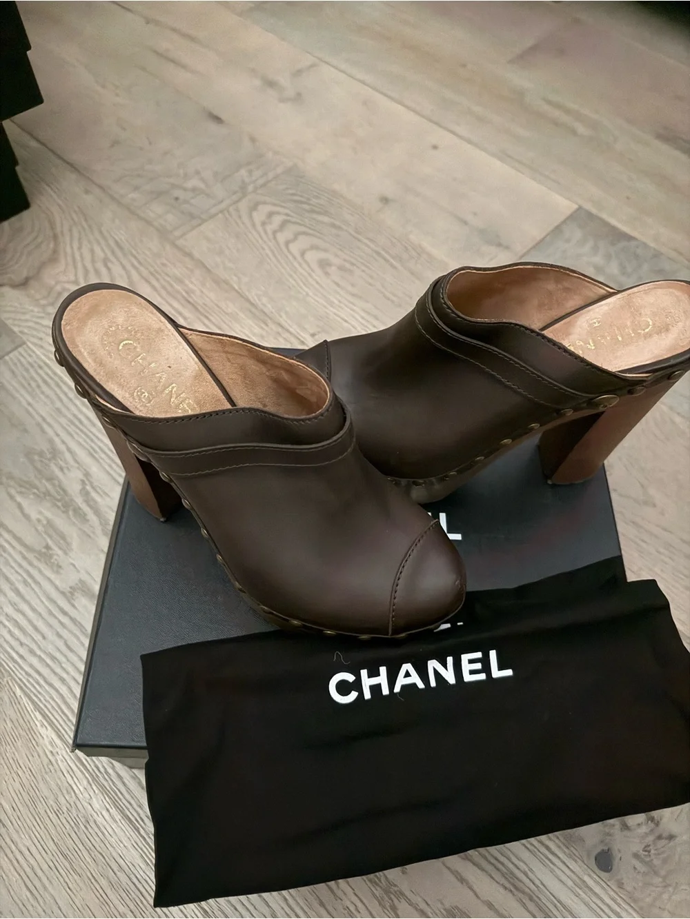 CHANEL Brown Leather Studded Clog Mules